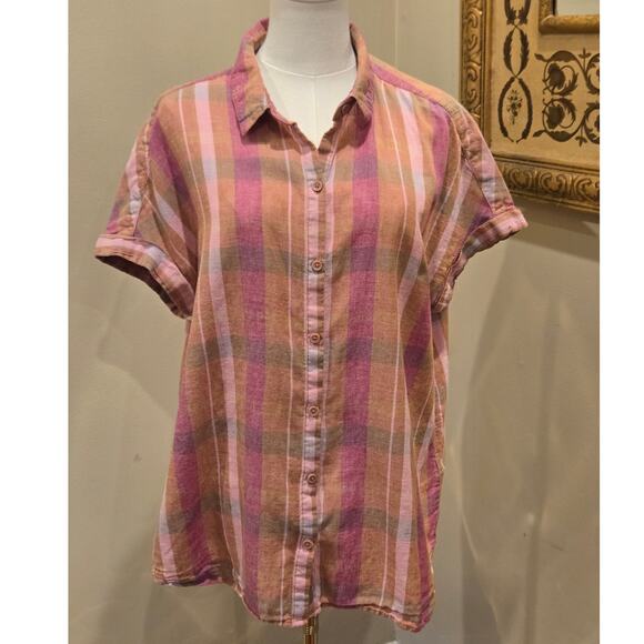 Beachlunchlounge Linen Blend Plaid Pink Orange Short Sleeve Button Down Large - Picture 2 of 8
